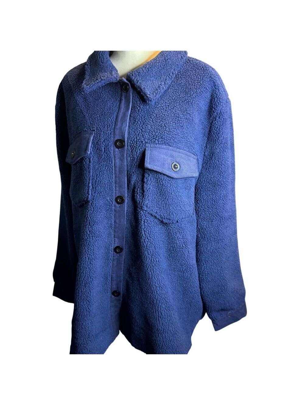 Clique Blue Sherpa Fleece Corduroy Shacket Jacket, Cozy Oversized, Plus Size 3XL